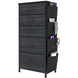 YITAHOME Narrow Chest of Drawers with 5 Drawers, Fabric Drawers with Side Pocket&Hooks,Sturdy Steel Frame,Storage Drawers for Bedroom, Closet,Charcoal Black Wood Grain