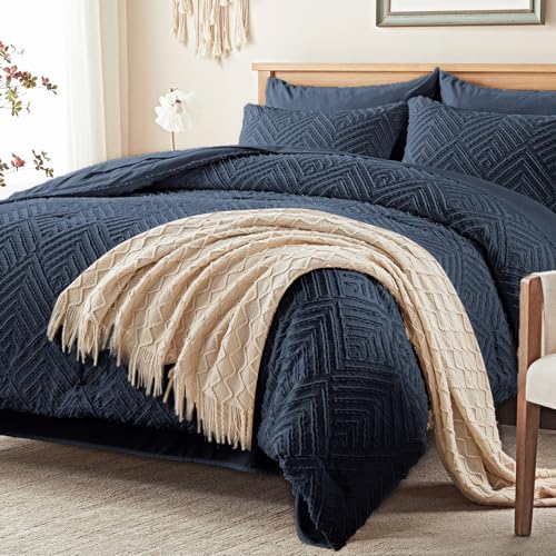 Full Size Comforter Sets 7 Piece, Navy Blue Bed in a Bag Full Bedding Set - Boho Tufted, OEKO-TEX Certified, Luxury, Lightweight, All Season, Down Alternative Comforter, Breathable sheets & pillowcases