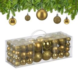 Relaxdays Christmas Baubles, Set of 76, Tree Ornaments, Holiday Decorations, Plastic, Glittery, Matte & Shiny, Gold, 3 Sizes