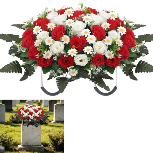 Wocst Headstone Flower Saddle,Large Artificial Cemetery Flowers for Grave Artificial Roses Daisy Saddle for Cemetery Headstone (Red)