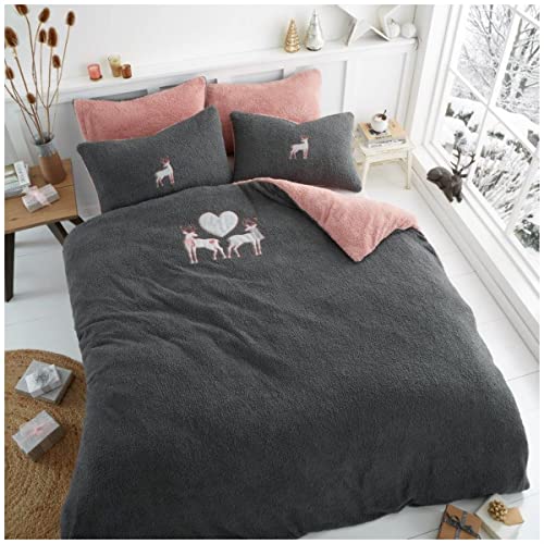 GC GAVENO CAVAILIA Fluffy Fur Fleece Teddy Embroidery Duvet Cover, Soft Snuggle Thermal Quilt Reversible Bedding Set, King, Love Stag-Grey