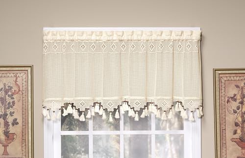Today's Curtain Gettysburg Knitted 20-Inch Crochet with Beaded Tassel Valance, Ecru