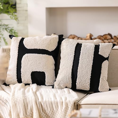Oudain 2 Pcs Boho Chunky Tufted Pillow Covers 18 x 18 Inches Modern Abstract Tufted Pillow Cases Decorative Farmhouse Textured Pillowcases for Living Room Sofa (Black,Cream,Classic Style)