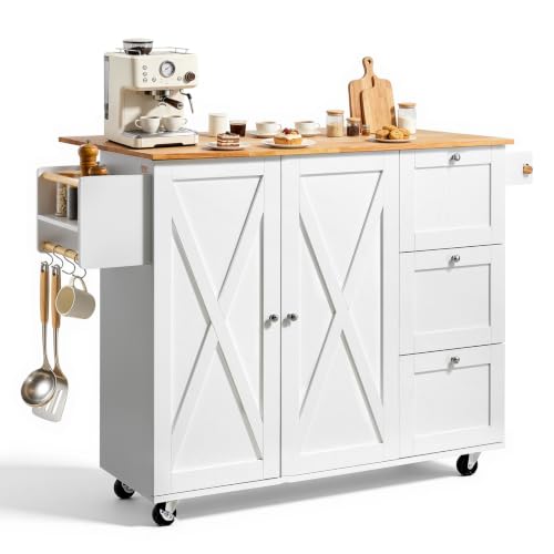 VEVOR Kitchen Island Cart with Solid Wood Top, 45.3 Inch Width Mobile Carts with Storage Cabinet, Rolling Kitchen Table with Spice Rack, Towel Rack and Drawer, Portable Islands on Wheels, White