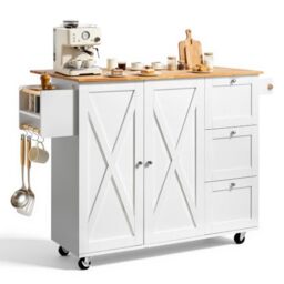 VEVOR Kitchen Island Cart with Solid Wood Top, 45.3 Inch Width Mobile Carts with Storage Cabinet, Rolling Kitchen Table with Spice Rack, Towel Rack and Drawer, Portable Islands on Wheels, White