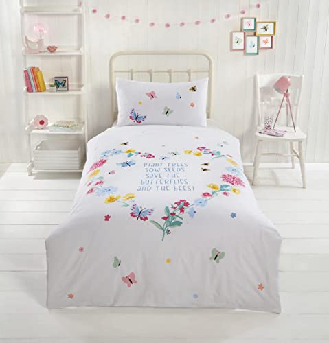 Rapport Home Butterflies Duvet Cover Set - Reversible Floral Bedding Single Quilt Cover Set