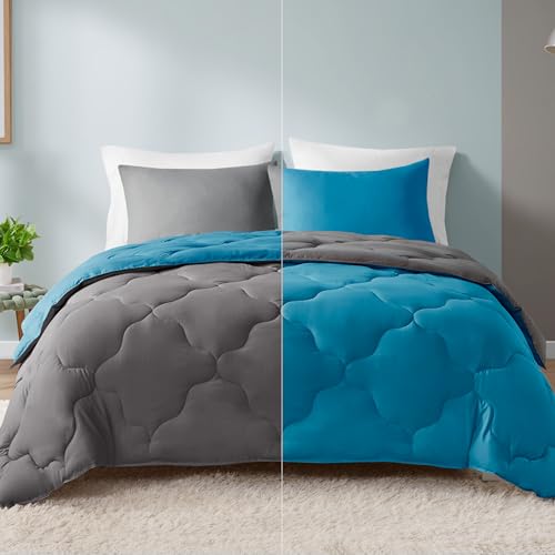 Comfort Spaces Lightweight All Season Down Alternative Cozy Bedding, Sham, Polyester, Teal/Dark Grey, Queen