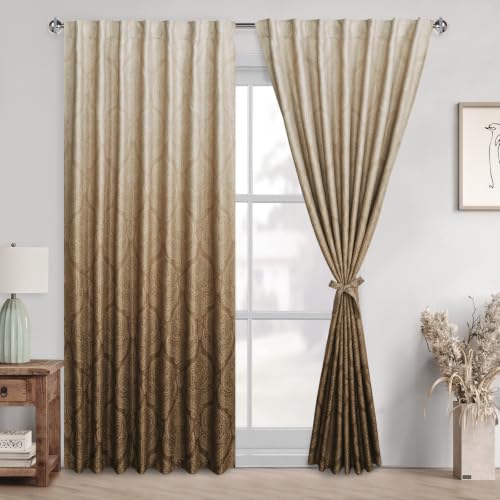 DWCN Room Darkening Curtains 84 inches Length - Back Tab Ombre Damask Patterned Tieable Window Drapes Thermal Insulted Light Blocking Curtains for Bedroom/Living Room, 2 Panels, W60 x L84, Taupe