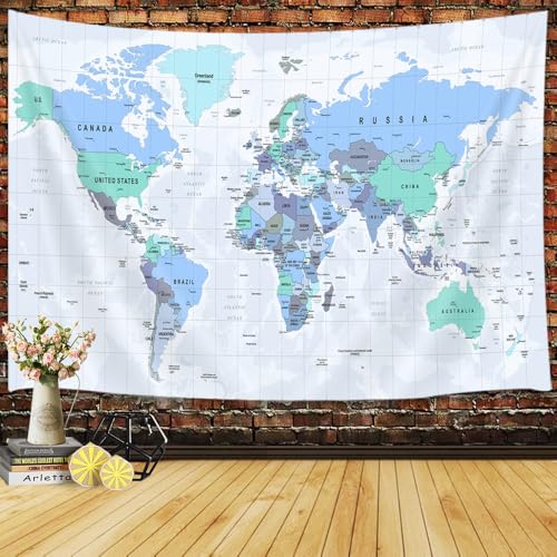 JAWO Tapestry for Kids Student, with Countries and Major Cities Tapestries Educational Asia Europe South City Topography America Africa Japan Wall Tapestry 90X70 Inch(Navy Blue)
