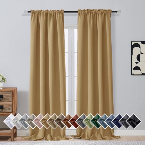 OVZME Gold Blackout Curtains for Bedroom 96 Inches Long 2 Panels, Soft Fabric Solid Blackout Curtains, Room Darkening Living Room Window Treatments, Dual Rod Pocket Window Drapes, 2x40Wx96L Inches