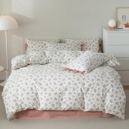 HighBuy Boho Floral Duvet Cover Full Girl Soft Cotton Pink Floral Bedding Set for Teen Dorm with 2 Bow Tie Pillowcases,Aesthetic Chic Comforter Cover Full with Zipper Closure,Room Decor Bedding