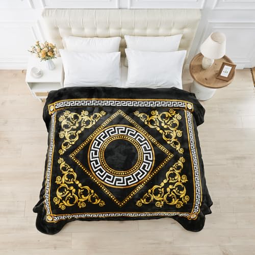 GC GAVENO CAVAILIA Sherpa Fleece Blanket (200x240 cm) - Greek Pattern Bed Throw King Size - Fluffy Throws For Bed, Sofas, Armchair - Thermal, Cosy Large Blankets and Throws Washable - Black
