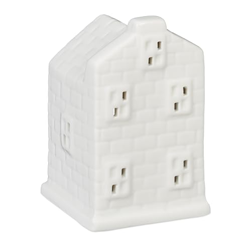 Relaxdays Tea Light House Ceramic, Light through Windows, for 1 Candle, HWD: 11 x 7 x 6.5 cm, Cute Table Decor, White
