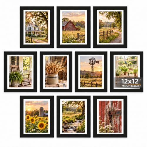 JOYUMY 12X12 Picture Frame Set of 10, Display Pictures 8X8 with Mat or 12X12 without Mat, Photo Frames for Wall Mounting or Table Top Display, Black