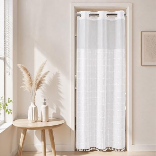 River Dream White Farmhouse Shower Curtain with Snap-in Liner, No Hooks Needed,with Magnets,with Tassels,Water Repellent&Machine Washable,36x74Inch