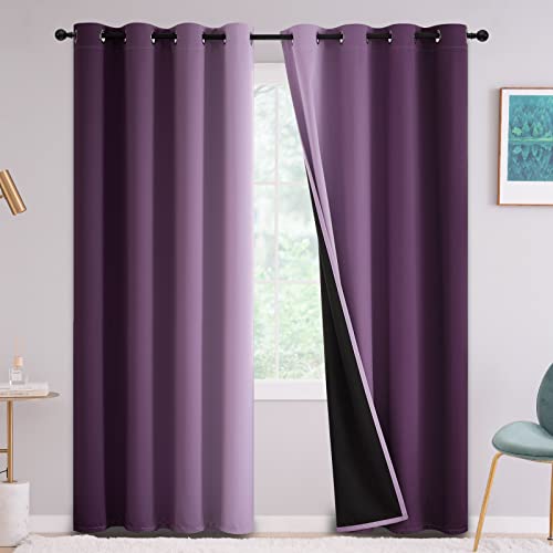 Yakamok Purple 100% Blackout Curtains for Bedroom,Ombre Room Darkening Curtains for Living Room Grommet Window Curtains 84 inches Long,Thermal Insulated Gradient Curtains & Drapes,2 Panels,52x84 inch
