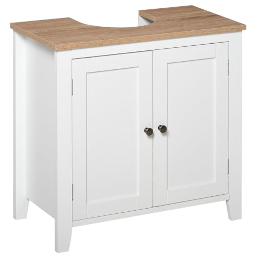 kleankin Under Sink Cabinet, Bathroom Sink Cabinet, Pedestal Design, White - Bathroom Sink Cabinet with 2 Doors, Freestanding Bathroom Cupboard, Adjustable Shelf
