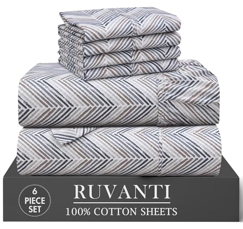"Ruvanti 6 Pcs Cotton Sheets - 100% Natural Cotton Soft, Lightweight & Breathable Crispy Percale Bed Sheets, California King Sheet Sets 14"" Deep Pockets, Inverted Streak"