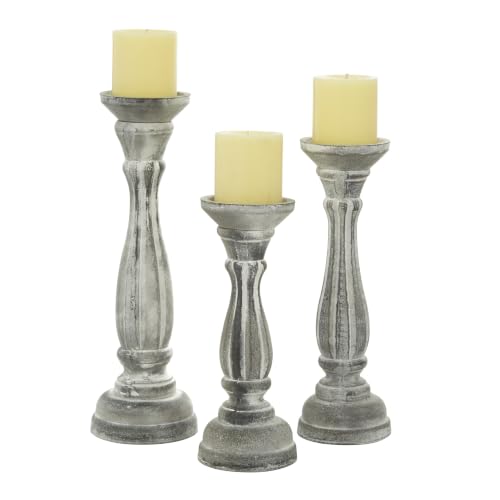 "Deco 79 Wooden Decorative Candle Holder Distressed Turned Candle Stand, Set of 3 Candlestick Holder 15"", 13"", 11""H, Gray"
