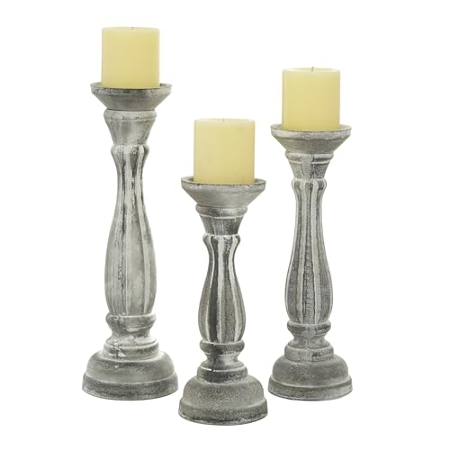 "Deco 79 Wooden Decorative Candle Holder Distressed Turned Candle Stand, Set of 3 Candlestick Holder 15"", 13"", 11""H, Gray"