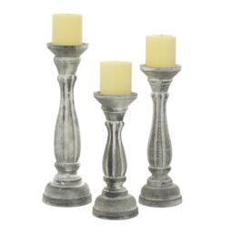 "Deco 79 Wooden Decorative Candle Holder Distressed Turned Candle Stand, Set of 3 Candlestick Holder 15"", 13"", 11""H, Gray"