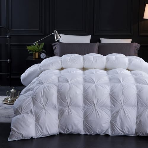 Three Geese Pinch Pleat Goose Feather Down Comforter Cal King Size Duvet Insert 750+ Fill Power 100% Cotton Fabric Down Proof with 8 Tabs (Cal King, White)