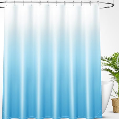 OLANLY Luxury Sky Blue and White Ombre Shower Curtain Sets with 12 Hooks, Waterproof and Washable Decorative Shower Curtains for Bathroom, 72x72 Inches