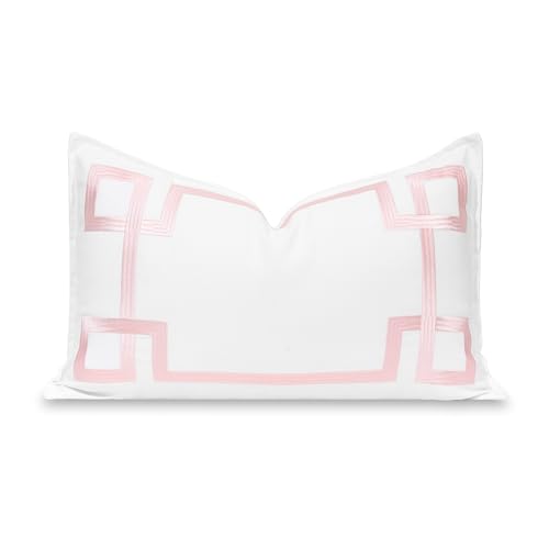 Hofdeco Premium Coastal Patio Indoor Outdoor Lumbar Pillow Cover Only for Sofa Pillows, 12''x20'' Water Repellent for Backyard, Couch, Blush Pink Embroidered Frame Greek Key