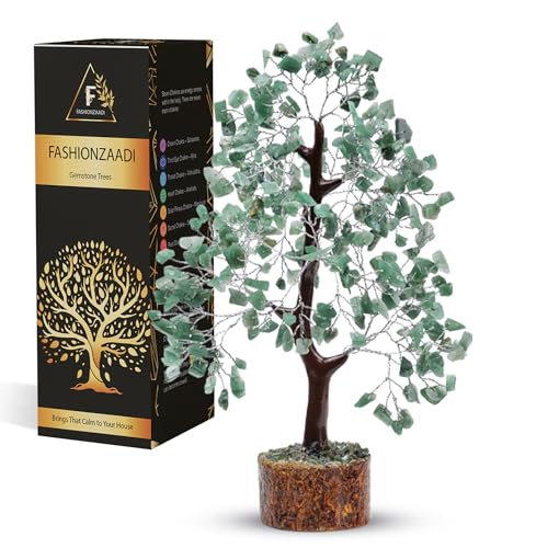 Fashionzadi Green Aventurine Gemstone Bonsai Tree Healing Crystal, Chakra Tree, Reiki Stone, Good Luck Chakras, Crystal Home Office Living Room Table Decor Gift (10-12 Inch, Silver Wire)