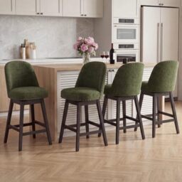 Bar Stools Set of 4, 360?? Swivel Counter Stools with Upholstered Seat, Wooden Frame & Nailhead Trim, Kitchen Breakfast Bar Chairs with Backrest for Kitchen Island, Dining Room, Home Bar,Green