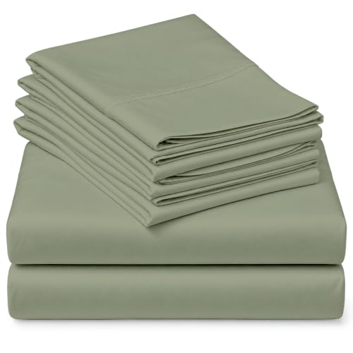 "Mattress-Homes Extra Deep Pocket 6 Piece Queen Sheet Set, Hotel Luxury Collection, 100% Egyptian Cotton, 21"" Deep Fitted Sheet, Soft, Cool & Breathable Bedding with 4 Pillowcases in Sage Solid"