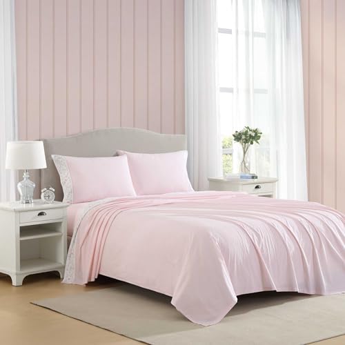 Laura Ashley - King Sheet Set, Breathable Percale Cotton Bedding with Matching Pillowcases, 200 Thread Count, Deep Pocket, Chic Room Essentials (Victorian Scroll Pink, King)