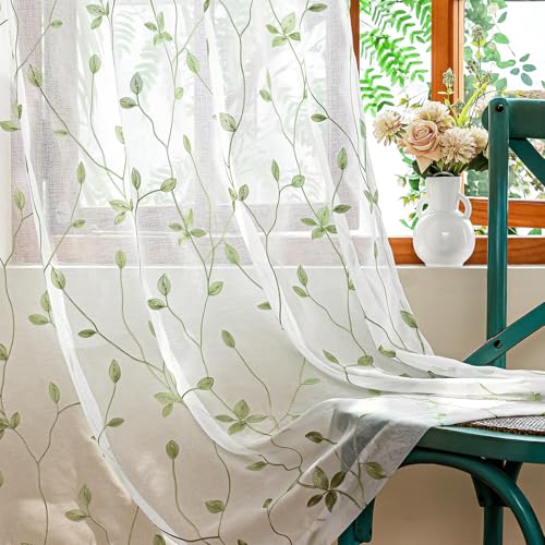 AmHoo 2 Panels Embroidered Leaf Pattern Semi Sheer Curtains Foliage Floral Voile Window Draperies Treatment for Bedroom Living Room Rod Pocket White Light Green 53 x 95 Inch