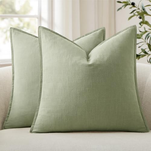ANRODUO Pack of 2 Decorative Linen Pillow Covers Seeding Green Euro Sham Neutral Farmhouse Boho Soild Cushion Case Soft Accent Pillowcase for Couch Sofa Bedroom Living Room Home Decor 24 x 24 Inch