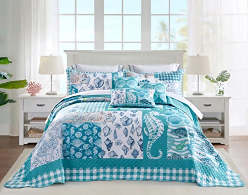 HZ & HY Coastal Oversized King Bedspread 138x122 Extra Wide, Lightweight Beach Bedding Nautical Quilt, Real Stitching, Reversible, 6 Piece, 100% Microfiber, California/Alaskan King, Seahorse
