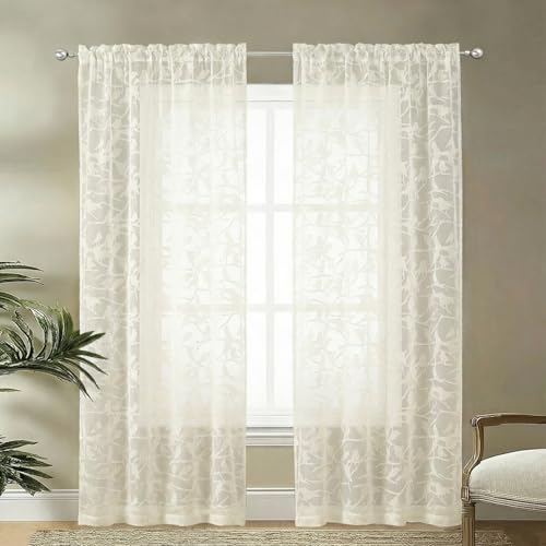 OVZME Ivory Sheer Curtains 72 Inches Long 2 Panels Set, Voile Soft Airy Bird Leaf Jacquard Textured Elegant Sheer Curtains for Living Room Bedroom Door Window, Dual Rod Pocket Drapes, 2x42Wx72L Inches