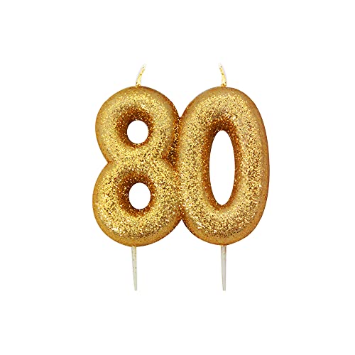 80th Birthday Candle, Metallic Gold Glitter Number 80 Cake Topper, 80th Birthday Cake Decoration for Men/Women, 7cm