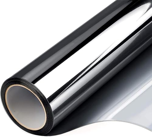 Filmgoo Window Privacy Mirror Film Non-Adhesive Static Cling One Way Daytime Privacy Film Sun Blocking Heat Control Window Tinting Film for Home Office, Black-Silver, 29.5 Inch x 13.1 Feet