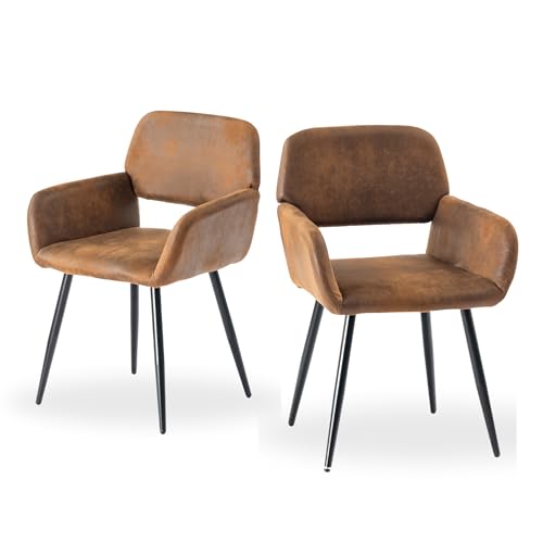 39F Furniture Dream Set of 2 Retro Vintage Dining Chairs Armchair Upholstered Fabric Seat Metal Legs for Kitchen Living Room Bedroom Office, Brown, 56x53x76.5cm