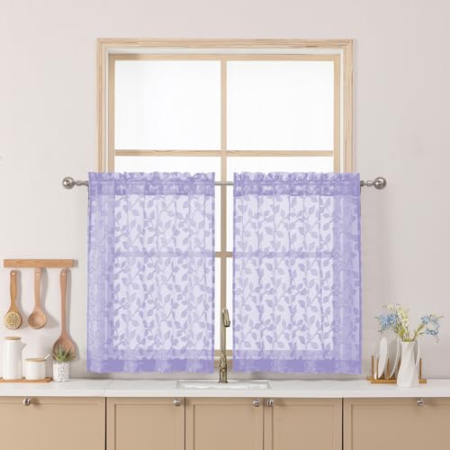 "Chyhomenyc Light Purple Sheer Curtains 30 Inch Length, Light Filtering Leaf Tufted Textured Small Kitchen Curtain Over Sink, Short Half Window Curtains for Bathroom Basement, 30"" Wx30 L, 2 Panels"