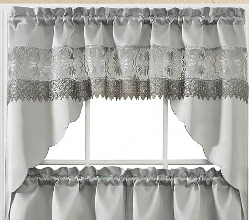 GOHD Daisy Dream. Kitchen Cafe Curtain Set for Small Windows. Satin Fabric with Matching Color Daisy Embroidery and Lace. (Grey, Swag and 24 inches Tiers Set)