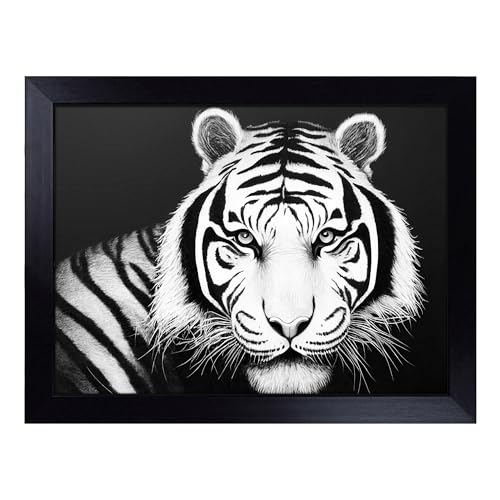 Lap Tray with Bean Bag Cushion, Monochrome Tiger - Handmade in the UK, Raised Wooden Edge, Padded Cushion, Heat-Resistant Wipe-Clean Surface, for Meals, Laptops and Crafts