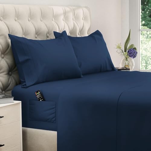 "DREAMCARE King Size Sheets Set - 4 pcs Breathable Cooling Sheets - up to 15"" Deep Pocket King Sheet Set with Side Pockets - Extra Soft 100% Brushed Hypoallergenic Hotel Luxury Bedding Navy Blue"