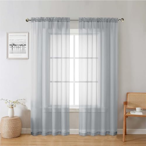 "Lecloud Light Grey Sheer Curtains 78 Inches Long 2 Panels, Light Filtering Voile Airy Curtains, Elegant Transparent Solid Window Treatments with Rod Pocket for Living Room Bedroom, Each 42"" W x 78"" L"