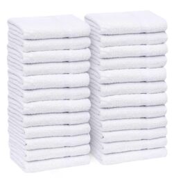 "GOLD TEXTILES 24 NEW WHITE (15""x25"") HOTEL HAND TOWELS 100% COTTON 10/S WEAVE THIN LIGHT WEIGHT QUICK DRYING"