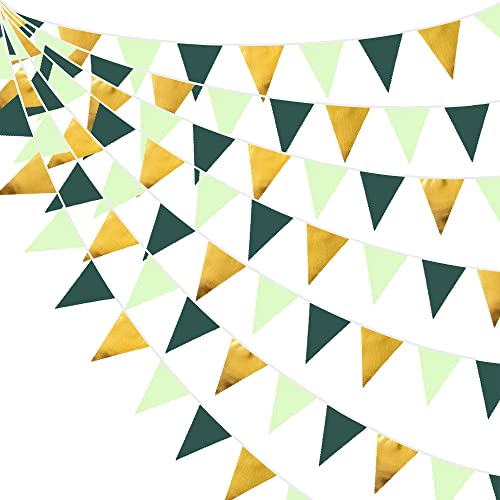 32Ft Dark Green and Gold Decorations Green and Gold Triangle Flag Fabric Banner Pennant Bunting Garland Streamers for Wedding Baby Shower Birthday Home Nursery Outdoor Garden Green Party Decoration