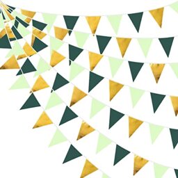 32Ft Dark Green and Gold Decorations Green and Gold Triangle Flag Fabric Banner Pennant Bunting Garland Streamers for Wedding Baby Shower Birthday Home Nursery Outdoor Garden Green Party Decoration