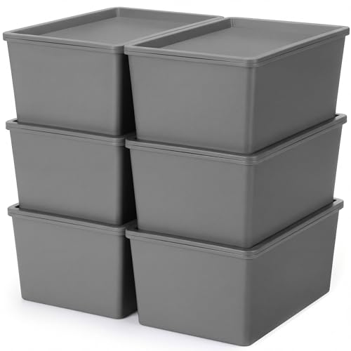 Menkxi 6 Pcs Storage Bins with Lids Small Plastic Storage Containers Stackable Storing Baskets Box Cute Organizer Bins for Organizing Shelves (Gray)