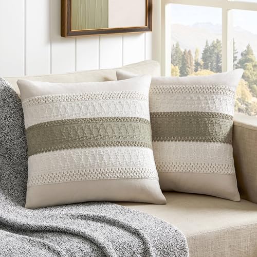 ZeeMart 2 Pack Boho Throw Pillow Covers, Contrast Dark Sage 16x16in - Soft Breathable Cotton, Farmhouse Decorative Couch Pillow Cases, Cushion Covers for Sofa Bed Living Room Home Decor