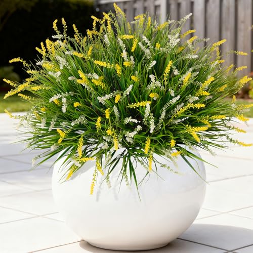 Ammyoo Artificial Faux Plants for Outdoor Spring Decoration, 12 Pcs Fake Monkey Grass for Garden Porch Balcony Planters, Fake Flowers Shrubs UV Resistant No Fade Plants Greenery Bush(Yellow White)